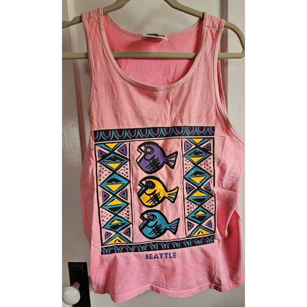 Vtg 1988 Mad Fish sportswear Seattle sleeveless shirt HEAVY cotton PINK L (42-44